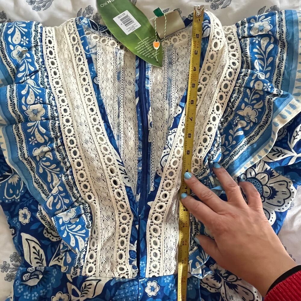 Farm Rio Floral Linen Jumpsuit Tropical Puff Sleeve Women Medium NWT Blue White - Picture 8 of 10